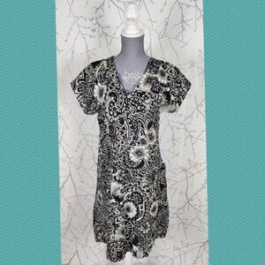 Le Nove Black Floral Paisley Print 100% Linen Flowy Midi Dress